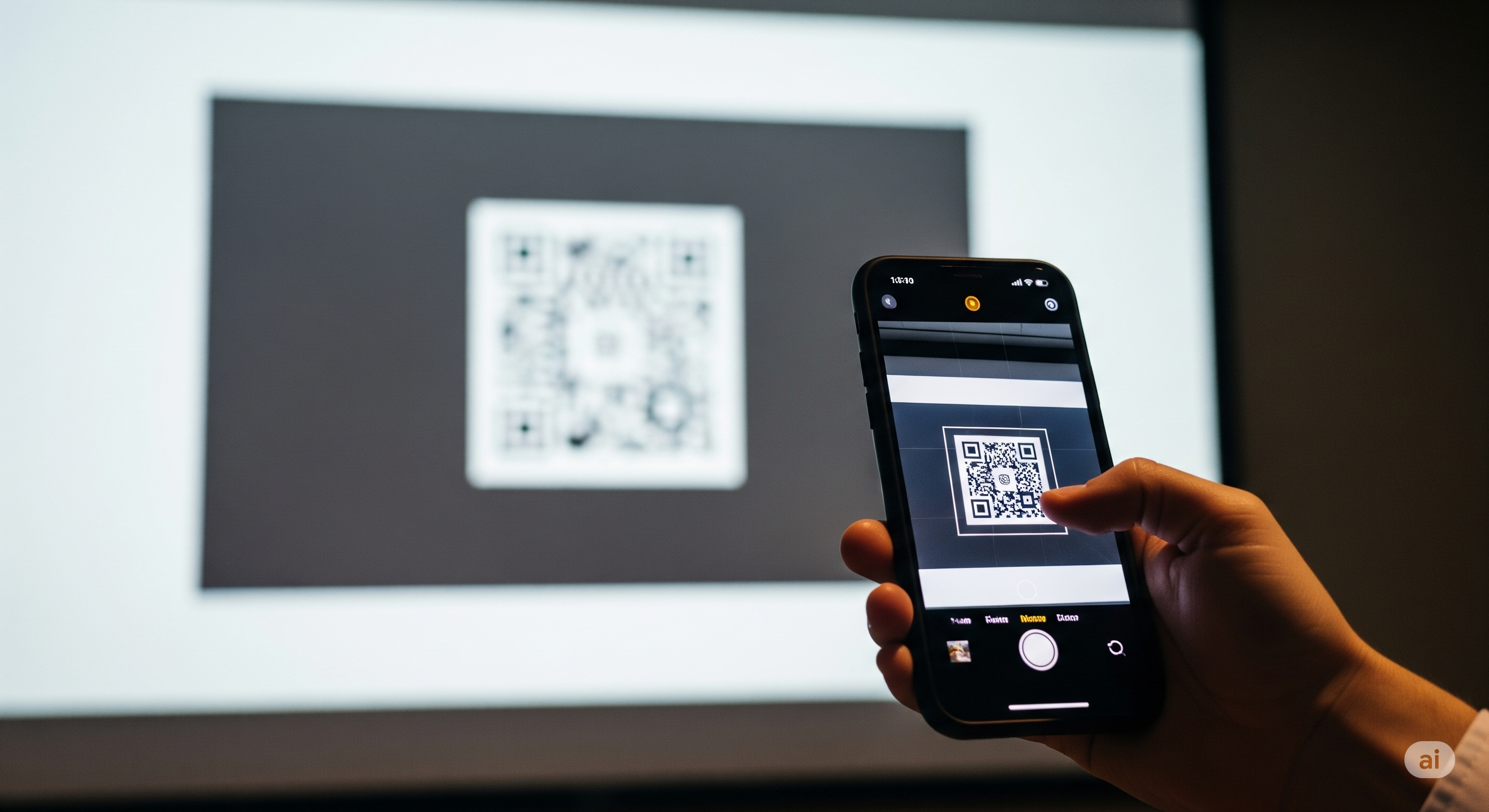 An illustration of a smartphone scanning a QR code displayed on a laptop screen during a business presentation.